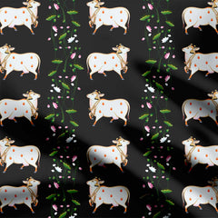 Black Cow And Lotus Print Fabric