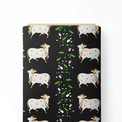 Black Cow And Lotus Print Fabric