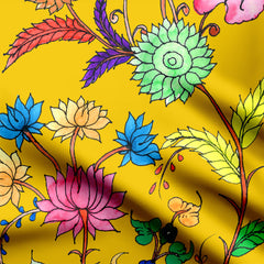 Satin Linen 1 Meter Yellow Kalamkari Print Fabric