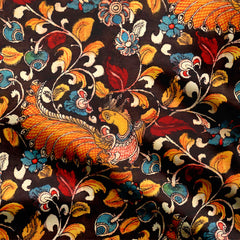 Natural Crepe 1 Meter Brown Peacock Kalamkari Print Fabric