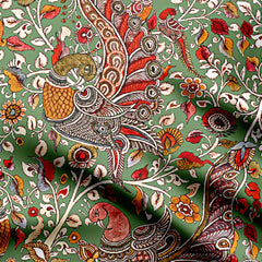 Cotton 2 Meters Green Peacock Kalamkari Print Fabric