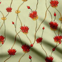 Red lotus pichwai Crepe Fabric