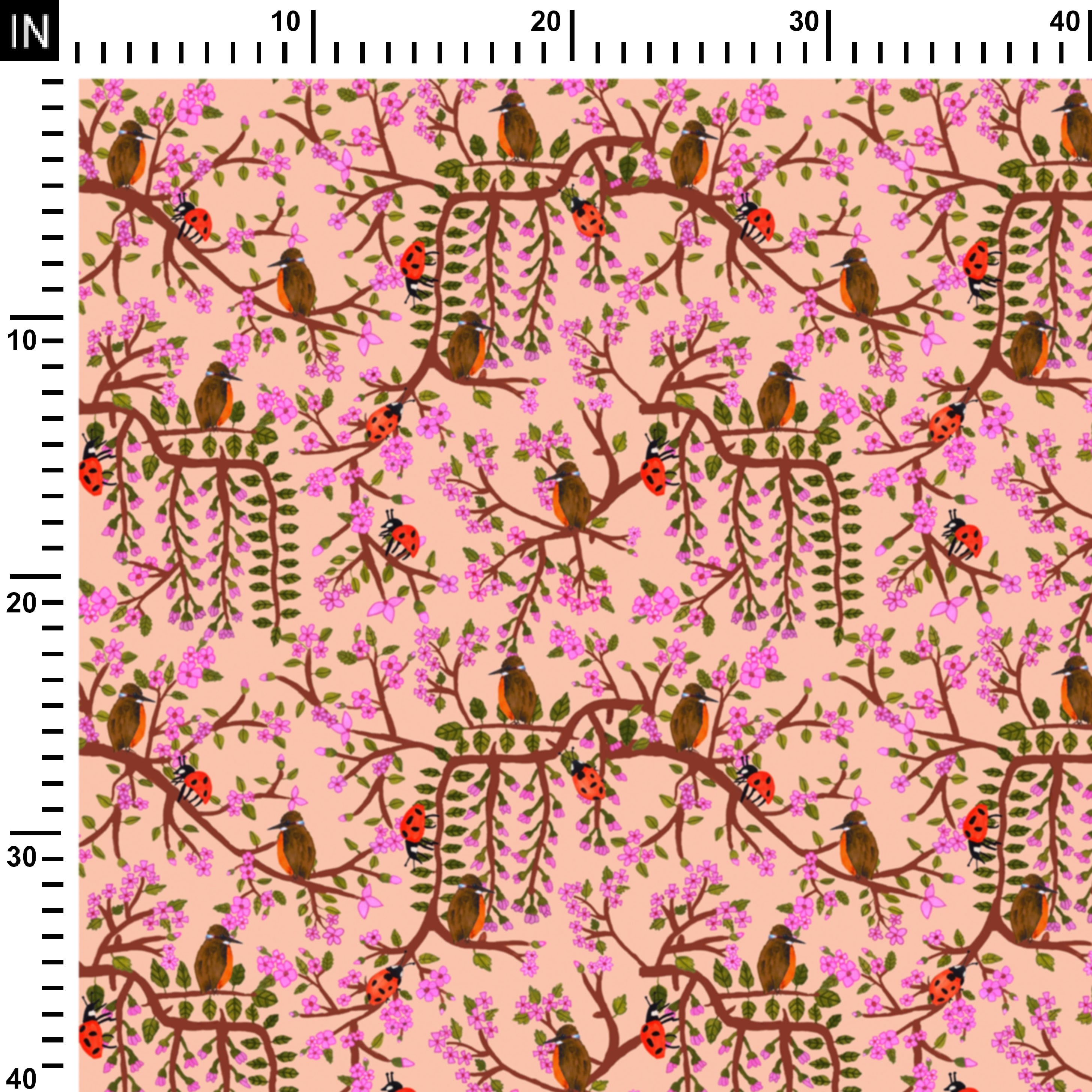 Floral Tree Branch Design with Pink flowers, insects and bird motifs Color Option 3