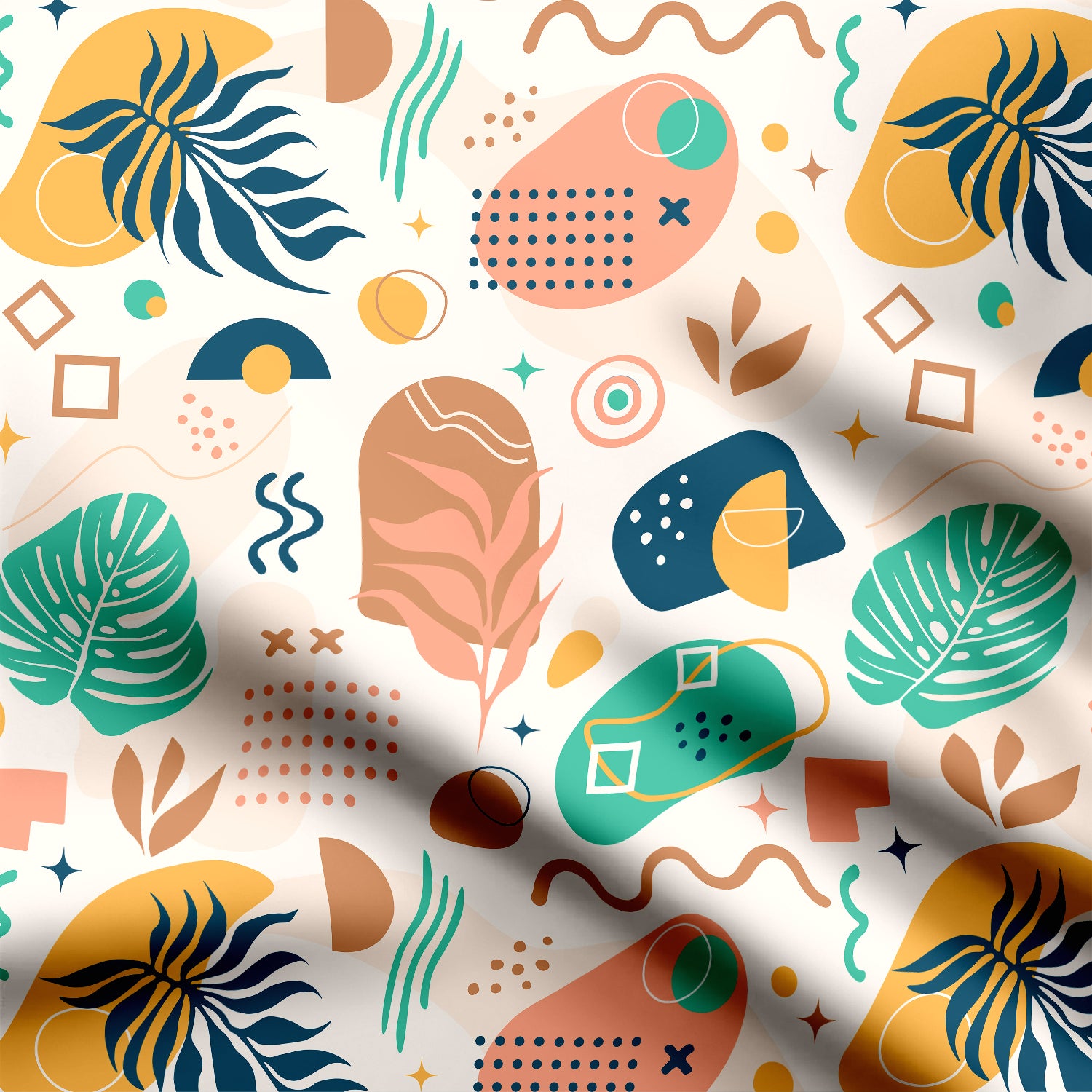 Abstract shapes with tropical leaves abstract print