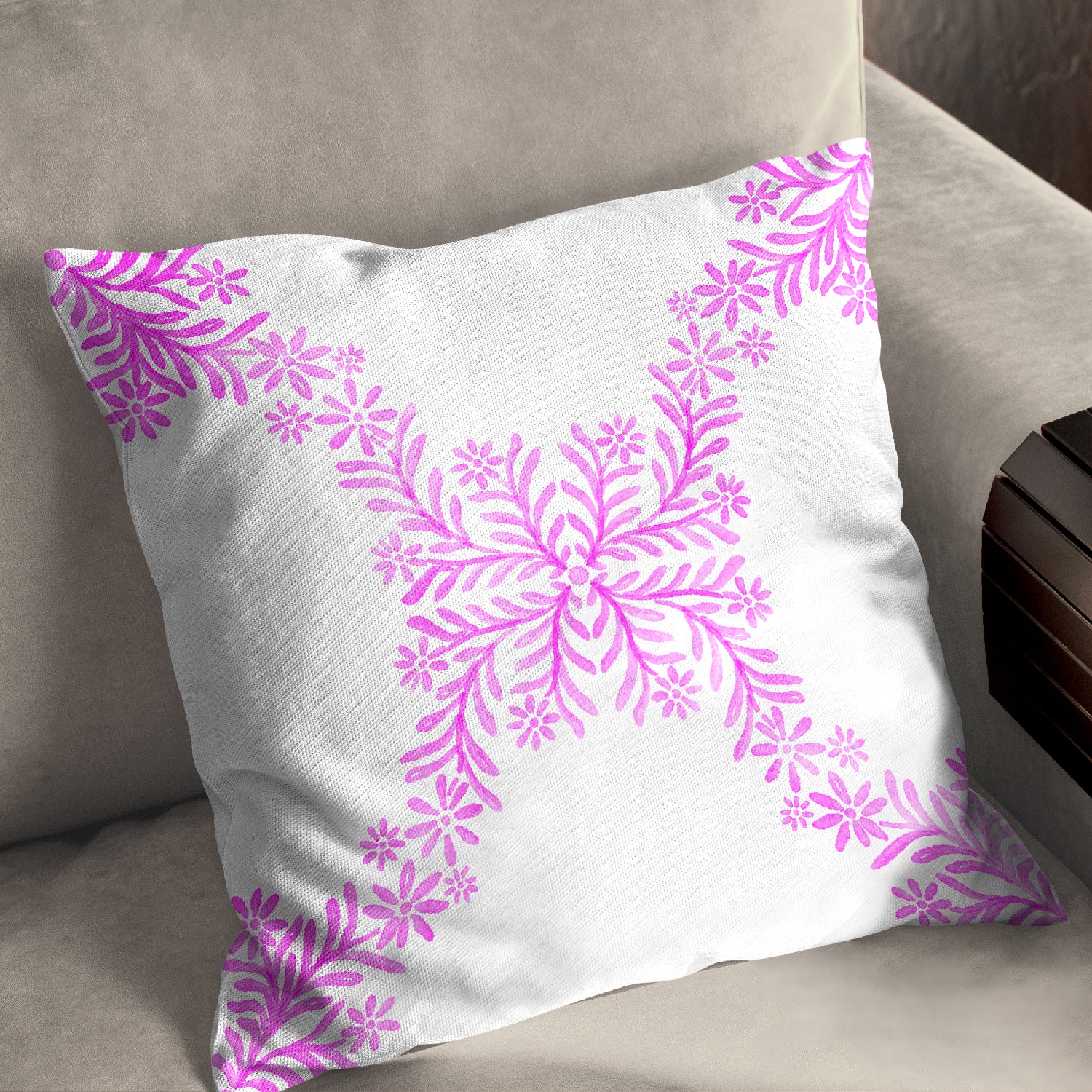 Blue Pottery art in bold pink Cushion